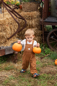 Child walking and holding pumpkins
